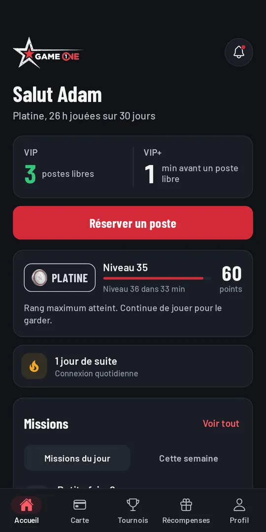 Accueil de l'app : postes libres, bouton Réserver, rang et niveau