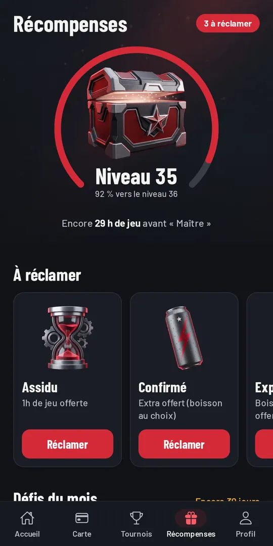 Écran Récompenses : coffre, niveau et récompenses à réclamer