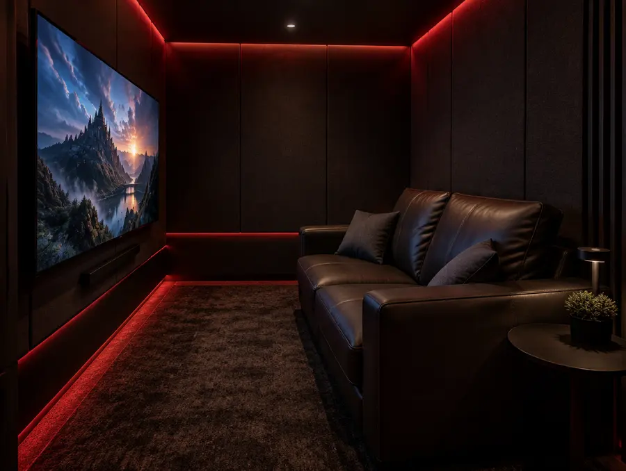 Espace VIP : canapé et grand écran sous un éclairage rouge